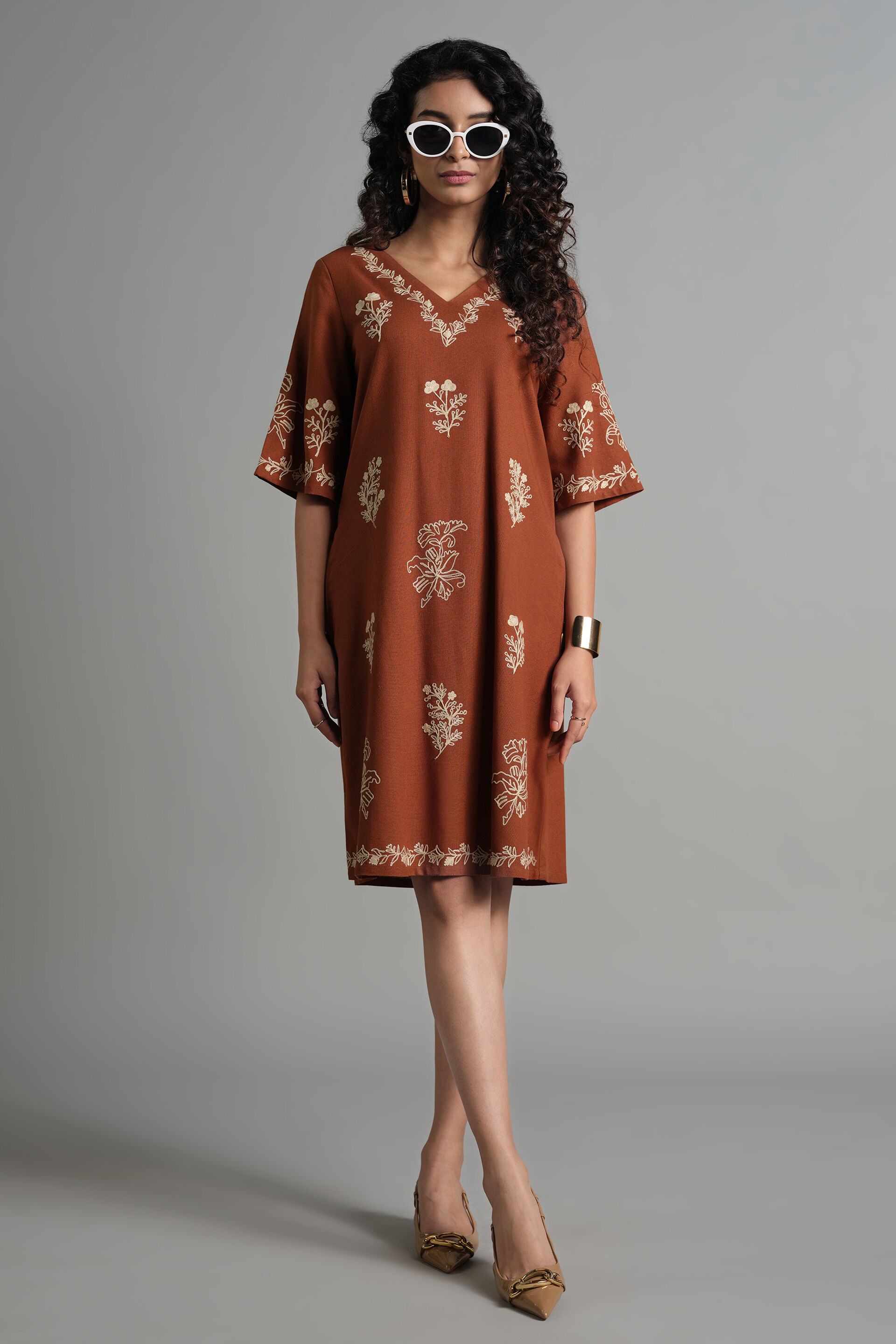 Floral Terracotta Dress, Brown, image 2